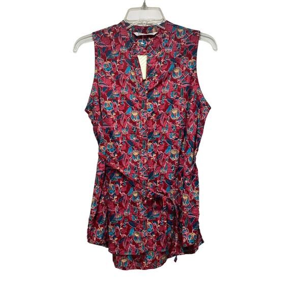 Woolrich Eco rich Floral Sleeveless Button Up Top With Tie Womens Sz Medium NEW - Picture 1 of 3